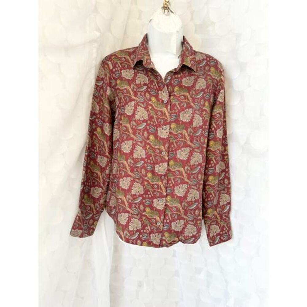 J. Crew Silk Button-Up Shirt in Botanical Cheetah Print Blouse Maroon Red Size 8
